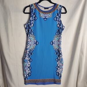 Venus Blue Sleeveless Dress Size L Tribal Print Stretch Bodycon 35" Length